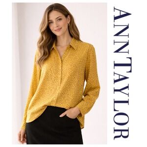 Ann Taylor Mustard Yellow Animal Print Long Sleeve Button Down Blouse XL NWT
